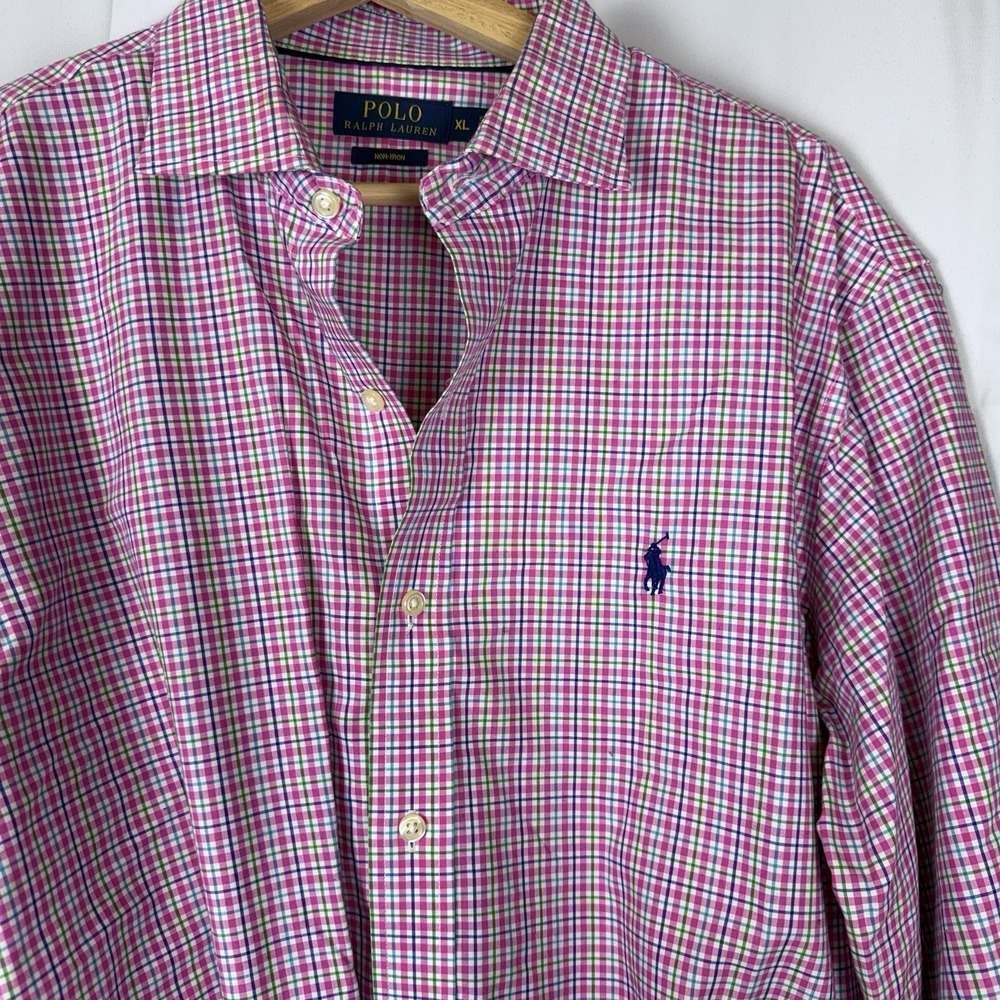 Ralph Lauren Shirt Mens XL Pink Blue Green Non-Iron Cotton Long Sleeve Button Up